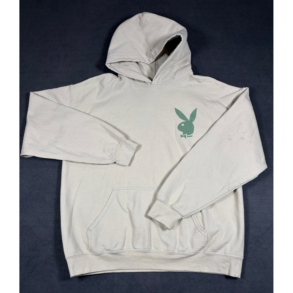 Playboy Hoodie Mens Large Beige Graphic Heavy Blend Pullover